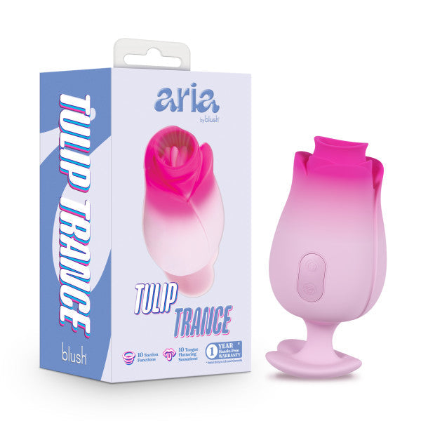 A pink, tulip-shaped vibrator with control buttons is shown beside its packaging, labeled "Tulip Trance Licking Sucking Clitoral Vibrator," highlighting licking and sucking functions for enhanced clitoral stimulation.