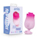 A pink, tulip-shaped vibrator with control buttons is shown beside its packaging, labeled "Tulip Trance Licking Sucking Clitoral Vibrator," highlighting licking and sucking functions for enhanced clitoral stimulation.