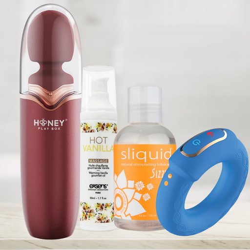 The Turn Up the Heat Together – Couples’ Warming Pleasure Bundle features a red vibrator, vanilla massage oil, Sliquid lubricant, and a blue warming cock ring—everything for unforgettable shared pleasure.