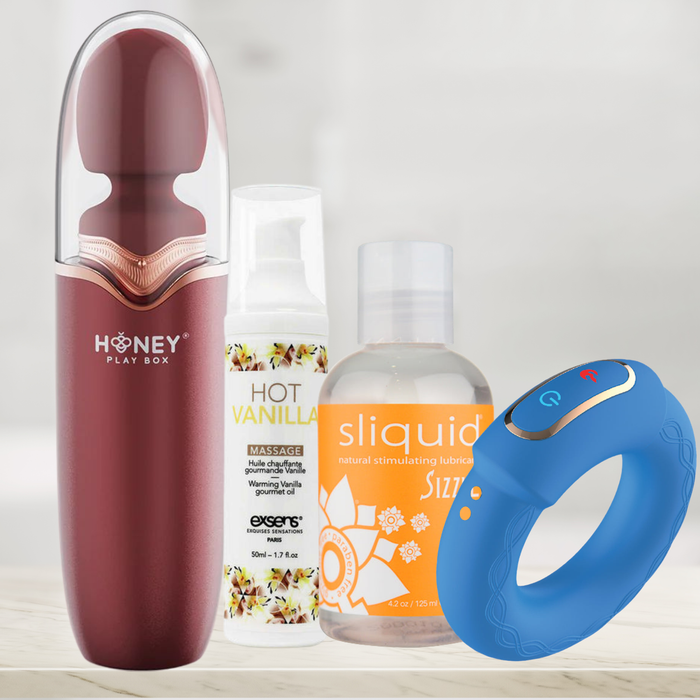 The Turn Up the Heat Together – Couples’ Warming Pleasure Bundle features a red vibrator, vanilla massage oil, Sliquid lubricant, and a blue warming cock ring—everything for unforgettable shared pleasure.