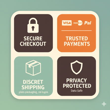 A graphic with four squares showing icons and text: Secure Checkout with a lock, Trusted Payments with credit card logos, Discreet Shipping with a box, and Privacy Protected with a shield.