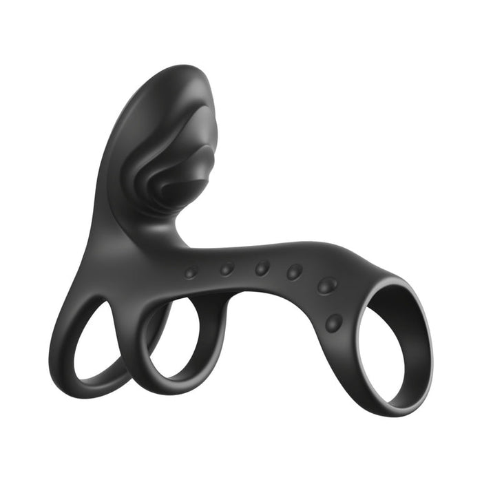 The Ultimate Couples Vibrating Cock Cage Pro is a black silicone vibrating cock ring with three rings and a textured, curved section for enhanced clitoral stimulation, shown on a white background.