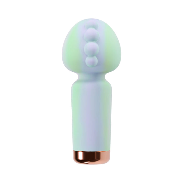 The Unicorn Dreams Mini Wand – Magical Pleasure Awaits features a pastel-toned, textured silicone head with raised bumps, a smooth cylindrical body, and a metallic gold base, all displayed against a white background.