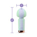 The Unicorn Dreams Mini Wand – Magical Pleasure Awaits is a pastel green and purple vibrator made from body-safe silicone, with a rounded top, button control, metallic base, DC 5V indicator, and measures 4.5" tall by 2" wide.