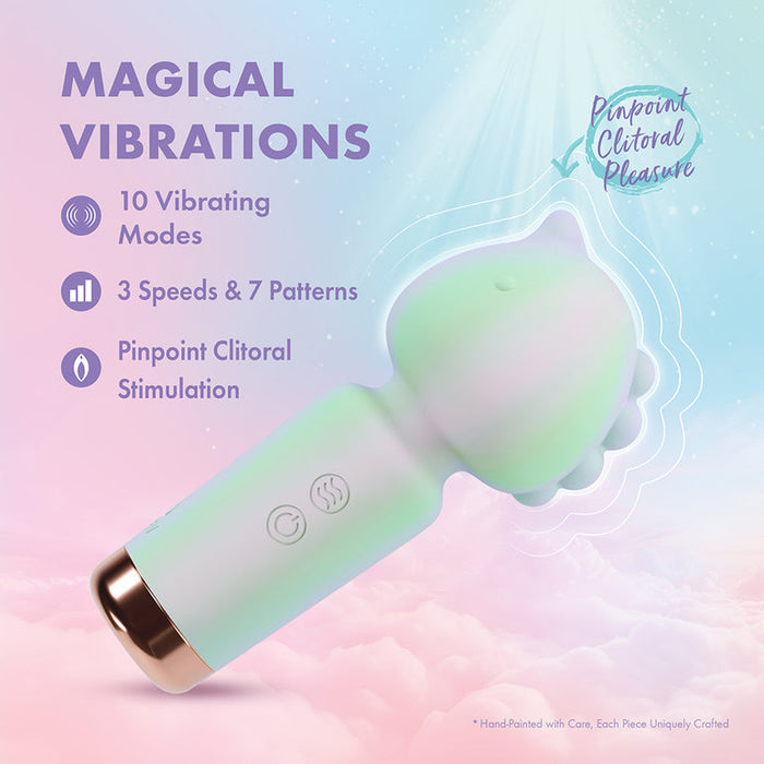 The Unicorn Dreams Mini Wand – Magical Pleasure Awaits, crafted from body-safe silicone, is shown on a pink cloud. Text highlights 10 vibration modes (3 speeds, 7 patterns) and pinpoint clitoral stimulation.