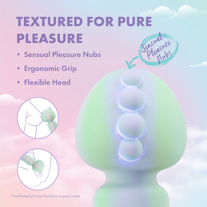 The Unicorn Dreams Mini Wand – Magical Pleasure Awaits is shown against a dreamy sky, featuring three sensual pleasure nubs, an ergonomic grip, a flexible head, and body-safe silicone for textured pure pleasure.