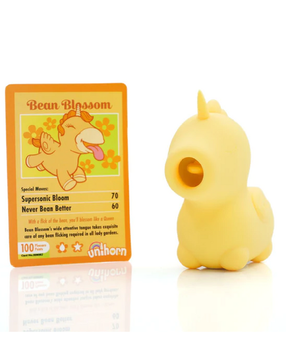 Bean Blossom Unicorn Shaped Licking Tongue Vibrator - Yellow with trading card 