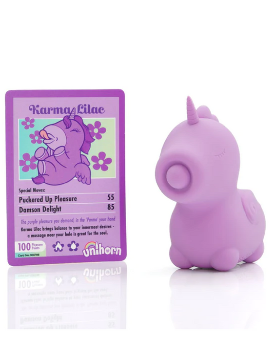 Karma Unicorn Shaped Massaging Tongue Clitoral Vibrator - Lilac next to trading card 