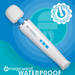 A Magic Wand Waterproof Rechargeable Cordless Vibrator is displayed on a blue background with the Magic Wand logo and "Waterproof" text. An "Authorized Reseller" badge in the top right confirms its certified quality and power.