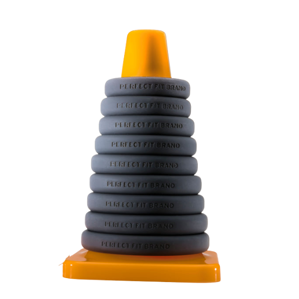 The Perfect Fit Play Zone Cock Ring Kit features eight gray silicone rings labeled "PERFECT FIT BRAND" on a yellow cone post—ideal as cock rings or for erection enhancement.
