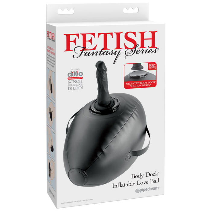 A box of Inflatable Love Ball Ride on Sex Cushion with Dildo Mount, showing the black inflatable cushion with attached dildo mount and handles, along with product details and branding on the packaging.