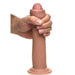 A hand holding the Jock Real Skin 8.5 Inch Silicone Suction Cup Dildo in Vanilla, featuring a lifelike, flesh-toned look, shown isolated on a white background.