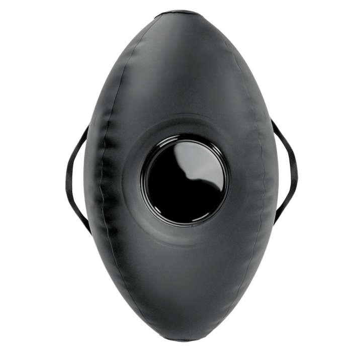 A black, oval inflatable love ball ride-on sex cushion with a shiny central target and two side handles, featuring a sturdy grip like that found on a Body Dock Dildo Mount.