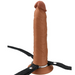 The Fantasy X-Tensions Elite Hollow 9 Inch Silicone Dildo & Strap-On Harness - Chocolate features a realistic brown XL dildo with a black harness and metal ring, crafted from dual-density silicone and shown standing upright against a white background.