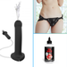 A collage shows the Squirting Strap-On Starter Set with a black silicone dildo, adjustable harness on a person, and a bottle of Cum Lubricant labeled "Sex Sauce Extra Creamy Lube.
