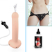 A collage featuring the Squirting Strap-On Set with Light Tone Silicone Dildo, adjustable harness, syringe, and a bottle of extra creamy cum lube.
