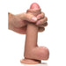 A hand holds the Jock Real Skin 8 Inch Silicone Suction Cup Dildo with Balls - Caramel, featuring a realistic dual density design, lifelike penis and testicles, strap-on compatibility, and a strong suction cup base against a white background.