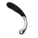The Sweet Pressure Metal & Silicone Double Ended Dildo features a modern curved design with a black rounded end and a shiny silver handle with a circular hole near the base, shown isolated on a white background.