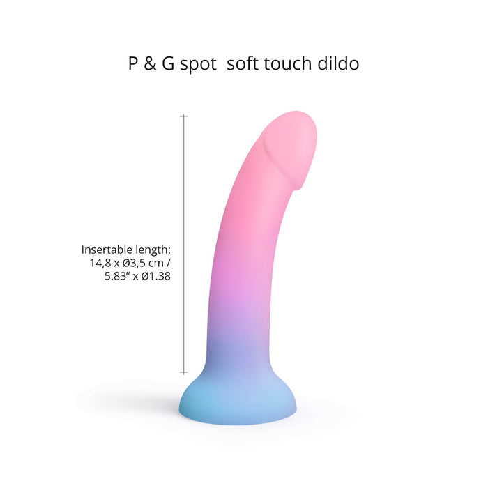 The Utopia Sleek 7 Inch Pink and Blue Ombre Silicone Dildo features a curved shaft, flared suction cup base, and insertable length of 14.8 x 3.5 cm—ideal for prostate or G-spot stimulation.