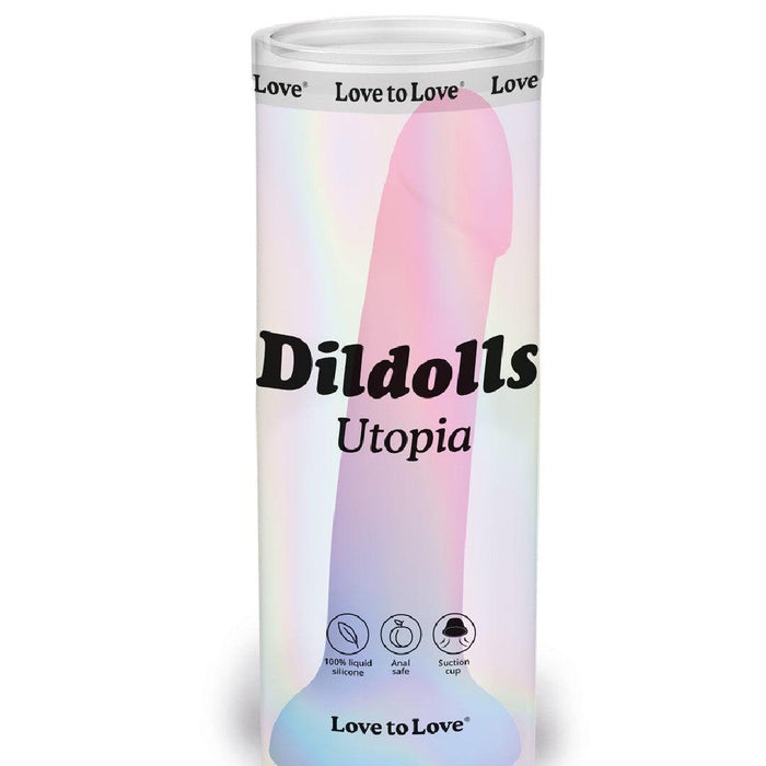 The Utopia Sleek 7 Inch Pink and Blue Ombre Silicone Dildo features a suction cup, is anal safe, made of 100% liquid silicone, and comes in pastel iridescent packaging—ideal for prostate or g-spot play.