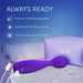 The Velvet High Versatile Internal or External Vibrator with Flexible Neck in purple sits on a bathroom counter, featuring magnetic USB recharge, splashproof design, and travel-friendly portability—ideal for clitoral or internal stimulation.