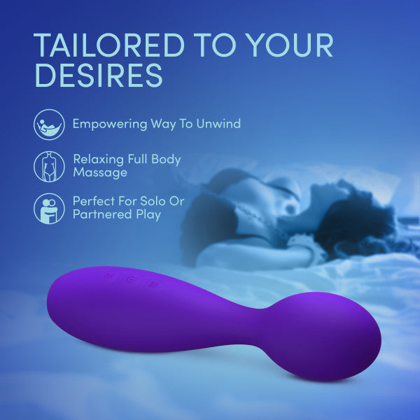 The Velvet High Versatile Internal or External Vibrator with Flexible Neck is shown up close, featuring icons and text for clitoral stimulation. In the background, a person lounges on a bed under blue light. Text: "Tailored to your desires.