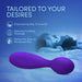 The Velvet High Versatile Internal or External Vibrator with Flexible Neck is shown up close, featuring icons and text for clitoral stimulation. In the background, a person lounges on a bed under blue light. Text: "Tailored to your desires.