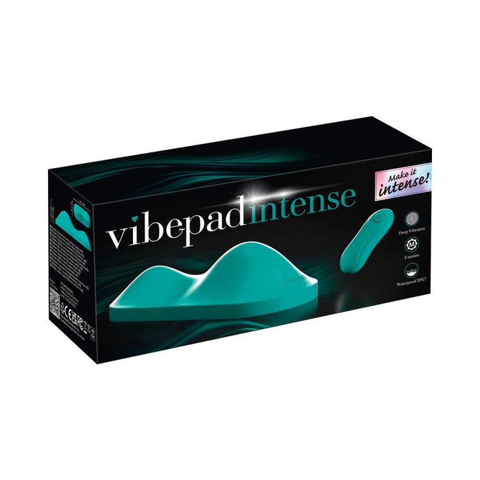 The VibePad Intense Ultra Powerful Ride On Hands-Free Humping Vibrator box features a teal, contoured pad and wireless remote on a black background with teal accents, highlighting humping vibe mode and the tagline: "Make it intense!.