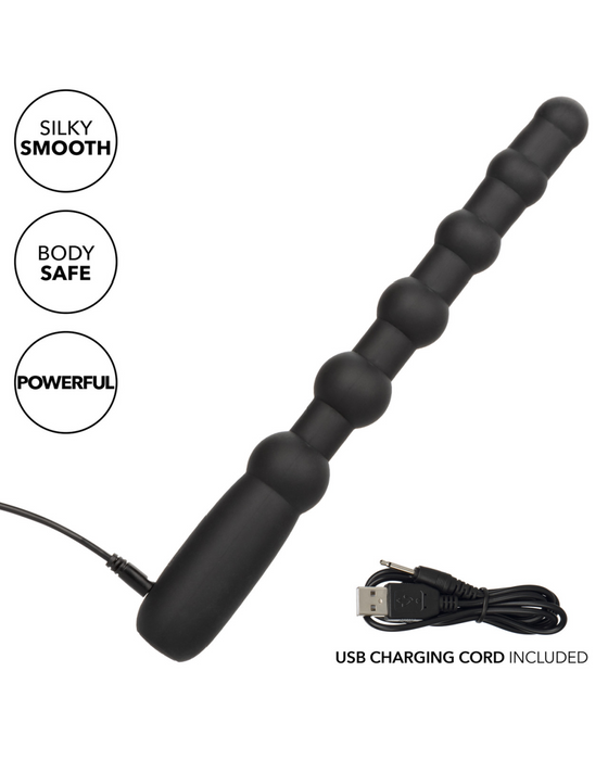 Rechargeable X-10 Powerful Black Silicone Vibrating Anal Beads on angle with features listed 