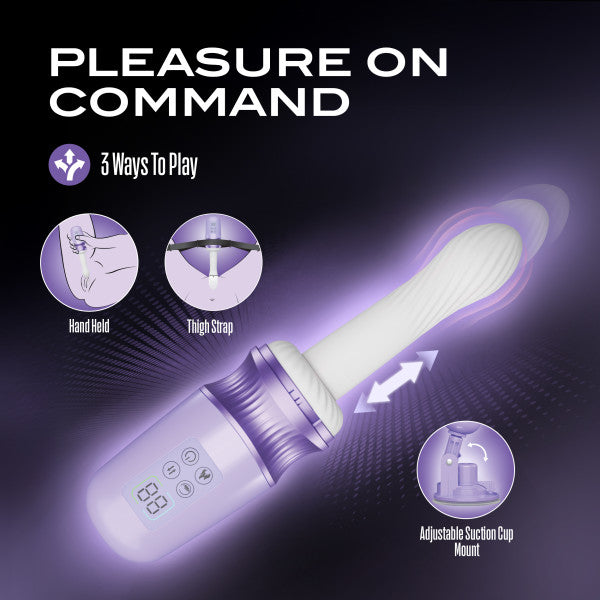 A digital graphic features the Violet Vixen Warming Thrusting Vibrator with Suction Mount in white and purple, text "Pleasure on Command," and illustrations showing hand held, thigh strap, and suction cup mount uses on a purple background.