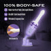 The Violet Vixen Warming Thrusting Vibrator with Suction Mount, shown in purple with a digital display, features body-safe liquid silicone, a satin smooth finish, soft squishy tip, and is phthalate and fragrance free.