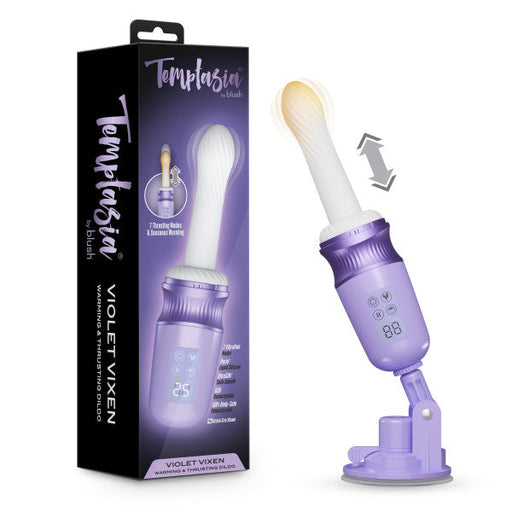 The Violet Vixen Warming Thrusting Vibrator with Suction Mount features a curved white shaft, purple details, digital display, and control buttons. It is shown beside its box displaying the product image and "Temptasia" branding.