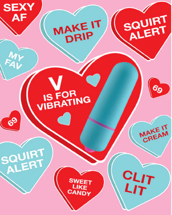 V is for Vibrating Greeting Card with Mini Bullet Vibrator pink greeting card with teal bullet vibe 