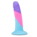 The Vision of Love Tapered 5.5 Inch Silicone Suction Cup Dildo features platinum silicone, a smooth curved shape, pastel blue, pink and purple gradient colors, a flared base for stability—great for beginners or hands-free play.