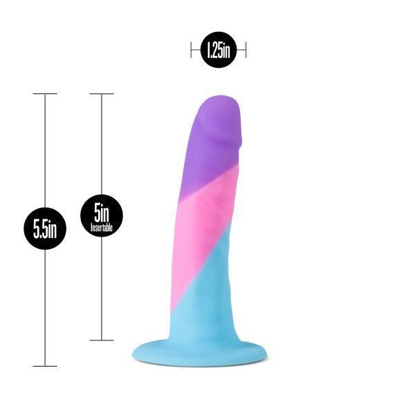 The Vision of Love Tapered 5.5 Inch Silicone Suction Cup Dildo is crafted from platinum silicone in purple, pink, and blue. It offers a 5" insertable length, 1.25" diameter, and strong suction cup for hands-free beginners’ play.