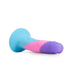 The Vision of Love Tapered 5.5 Inch Silicone Suction Cup Dildo, featuring a blue base, pink midsection, and purple tip, is shown lying on its side against a white background.