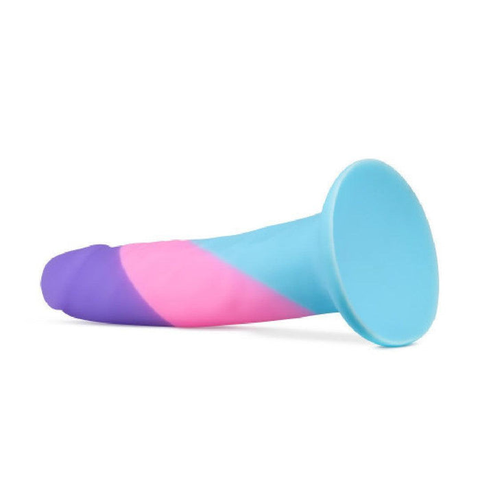 The Vision of Love Tapered 5.5 Inch Silicone Suction Cup Dildo features a platinum silicone build and a vibrant purple, pink, and blue pattern—an ideal beginner dildo, shown here on a white background.