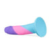 The Vision of Love Tapered 5.5 Inch Silicone Suction Cup Dildo features a platinum silicone build and a vibrant purple, pink, and blue pattern—an ideal beginner dildo, shown here on a white background.