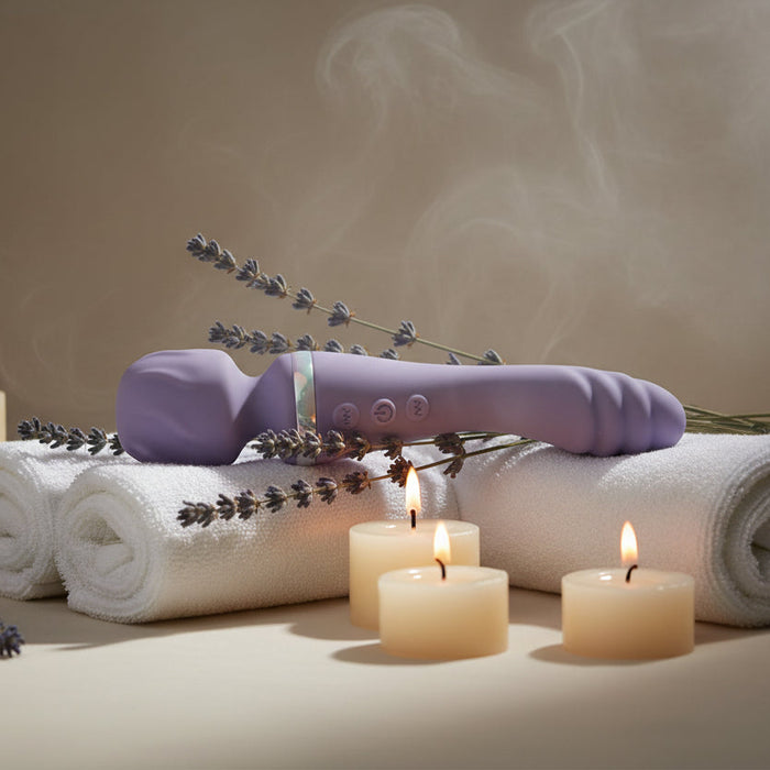 The Wand & Done Double Ended Ergonomic Silicone Wand Vibrator is a purple, rechargeable, body-safe silicone toy with a rounded head, curved handle, and front control buttons, shown against a white background.