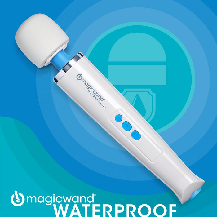 The Magic Wand Waterproof Rechargeable Cordless Vibrator is shown on a blue background with a water droplet and shield, emphasizing its powerful, fully waterproof design.