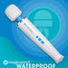The Magic Wand Waterproof Rechargeable Cordless Vibrator is shown on a blue background with a water droplet and shield, emphasizing its powerful, fully waterproof design.
