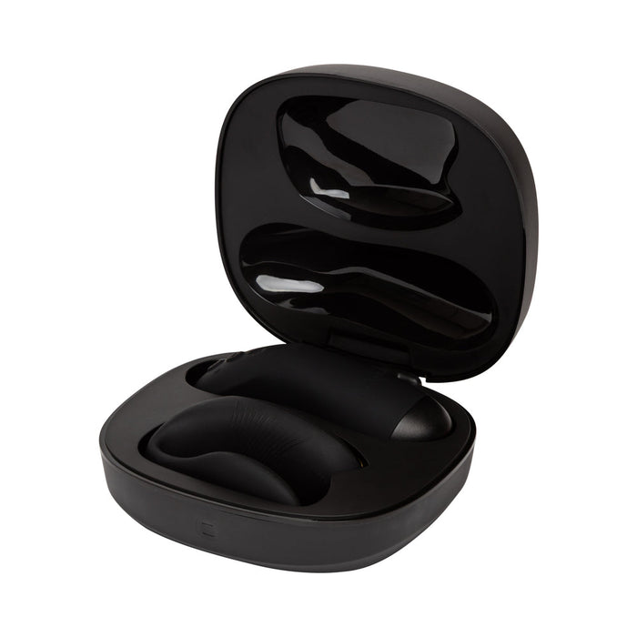 The We-Vibe Chorus Pro, a wearable couples' vibrator with triple motors and remote, in sleek black with a smooth, rounded design, is displayed open on a white background.