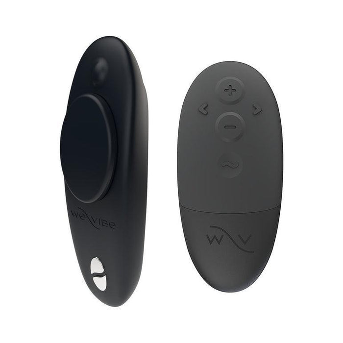 The We-Vibe Moxie+ is a discreet black wearable panty vibrator with curved edges, controlled via a wireless remote with intuitive buttons or the app for hands-free pleasure anytime.