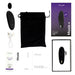 The We-Vibe Moxie+ Hands-Free Remote or App Controlled Panty Vibrator set includes a black vibrator with magnetic clip, remote control, USB charging cable, black pouch, manuals, lubricant sample, and packaging.