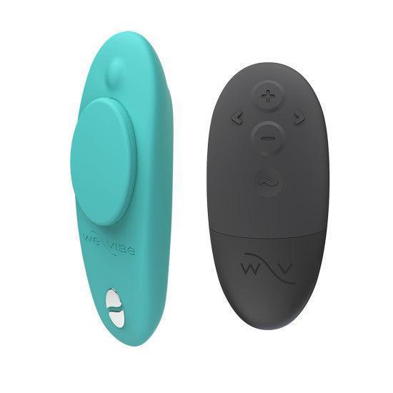 Two remote controls are shown for the We-Vibe Moxie + Hands-Free Remote or App Controlled Panty Vibrator. The teal oval remote has a circular button, while the dark gray one features plus, minus, and power buttons for easy use.