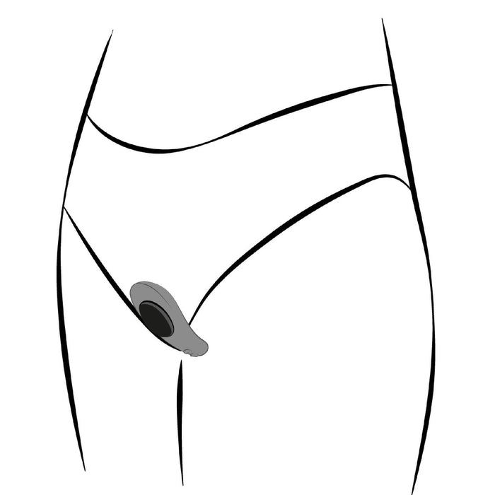 A minimalist line drawing shows a person’s lower torso in underwear with the We-Vibe Moxie +, a discreet, small oval panty vibrator, attached near the hip. It offers hands-free pleasure via remote or app control.