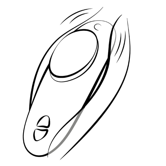 A black and white line drawing of the We-Vibe Moxie +, a hands-free, remote or app controlled panty vibrator, shown vibrating discreetly.