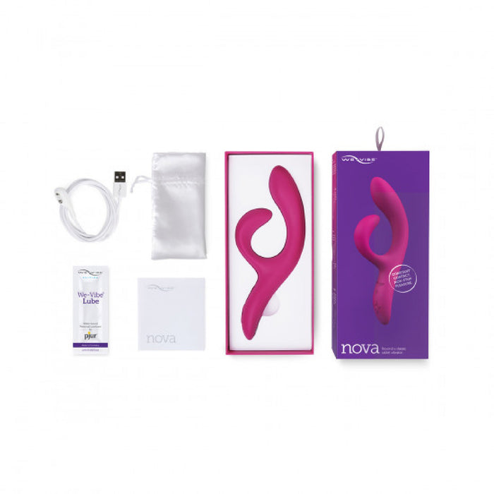 The We-Vibe Nova 2 Powerful Flexible G-Spot Rabbit Vibrator set includes a pink dual-stimulation vibrator in a white tray, purple box, USB charging cable, satin pouch, lubricant packet, and user manual—all arranged on a white background.