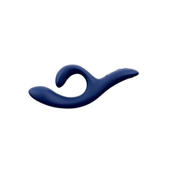 The We-Vibe Nova 2 Powerful Flexible G-Spot Rabbit Vibrator, dark blue with a curved silicone body and split dual arms for G-spot and clitoral stimulation, is photographed against a plain white background.