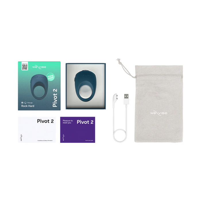 A We-Vibe Pivot 2 Vibrating Silicone Rechargeable Penis Ring in teal, its box, drawstring pouch, charging cable, and two instruction booklets are arranged neatly on a white background.